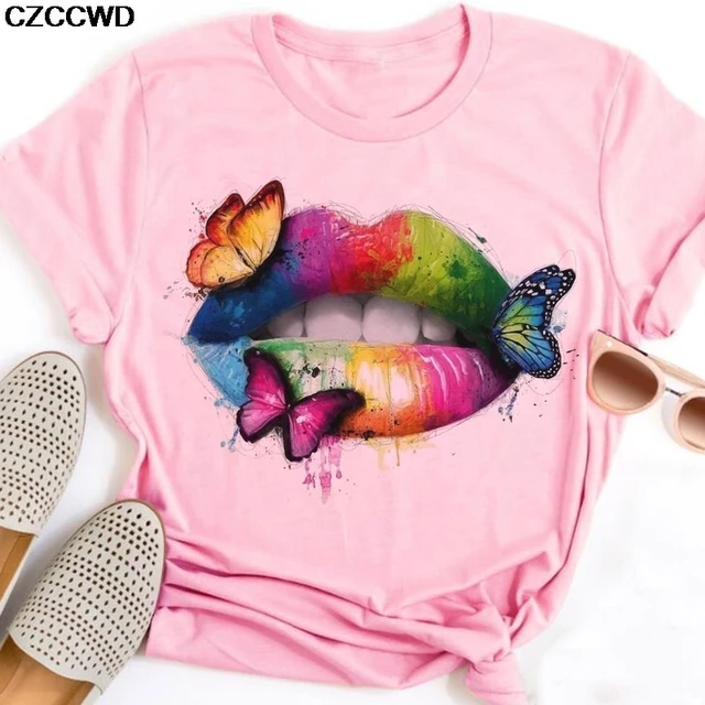 Camiseta de verano para Mujer, camisetas divertidas con estampado de labios de colores brillantes, camisetas de manga corta, camisetas para Mujer con gráfico rosa, camisetas Harajuku 5