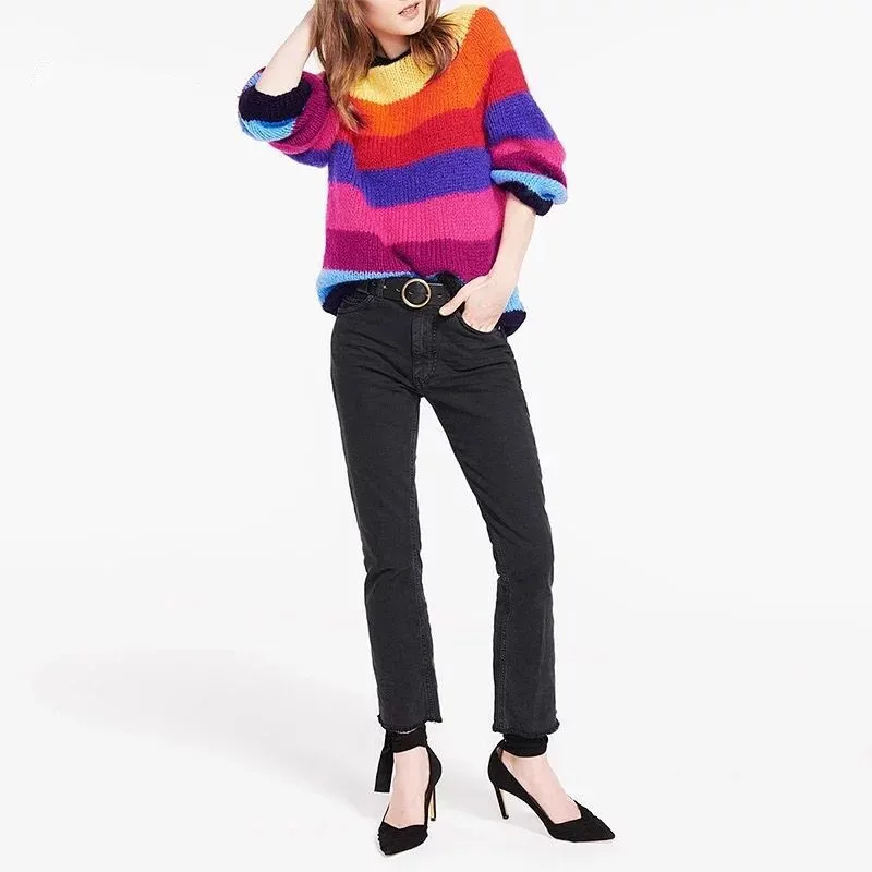 

New 2019 Women Colorful Striped Sweater Mohair Knitwear Ladies Pullover