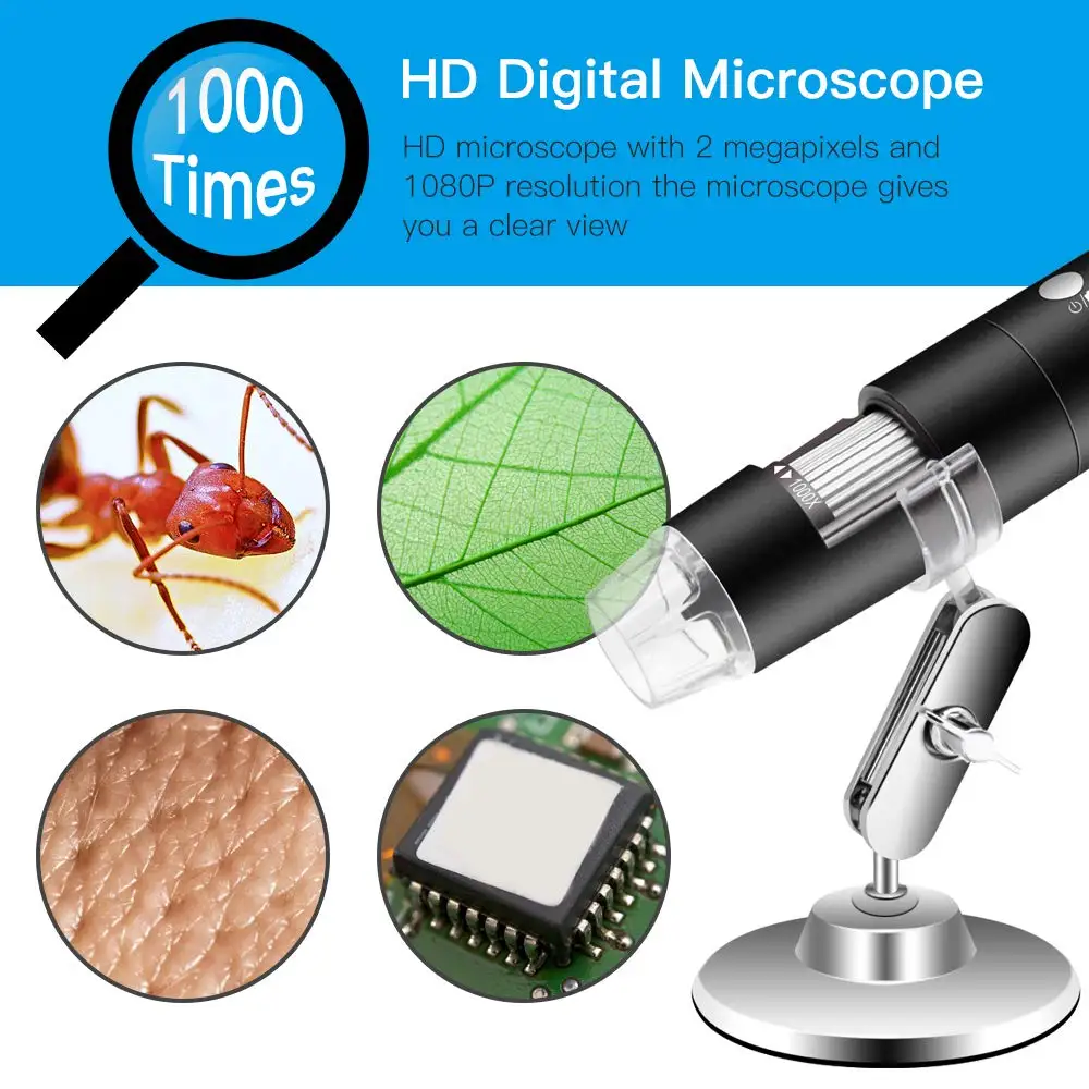 

300k Pixels USB Digital Microscope 1000X 8 LED Magnification Endoscope Mini Pocket Camera with Carrying Case & Metal Stand