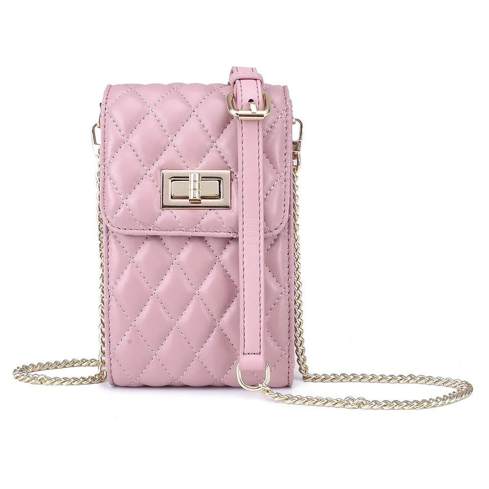 Новая женская сумочка модная вышивка нить Lingge женская сумка на плечо высокое качество из натуральной кожи, с цепочкой маленький чехол для телефона - Цвет: Розовый