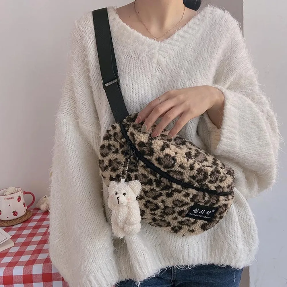 

Women Messenger Bag Retro Lamb Velvet Dumpling Zipper Bag for Girls Cute Small Side Bags Korean Leopard Print Phone hobos Bag