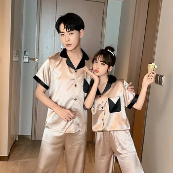 

Couples Short Sleeve Long Pants Silk Satin Pajama Sets for Women 2020 Summer Sleepwear Pyjamas Men Homewear Pijama Mujer Clothes