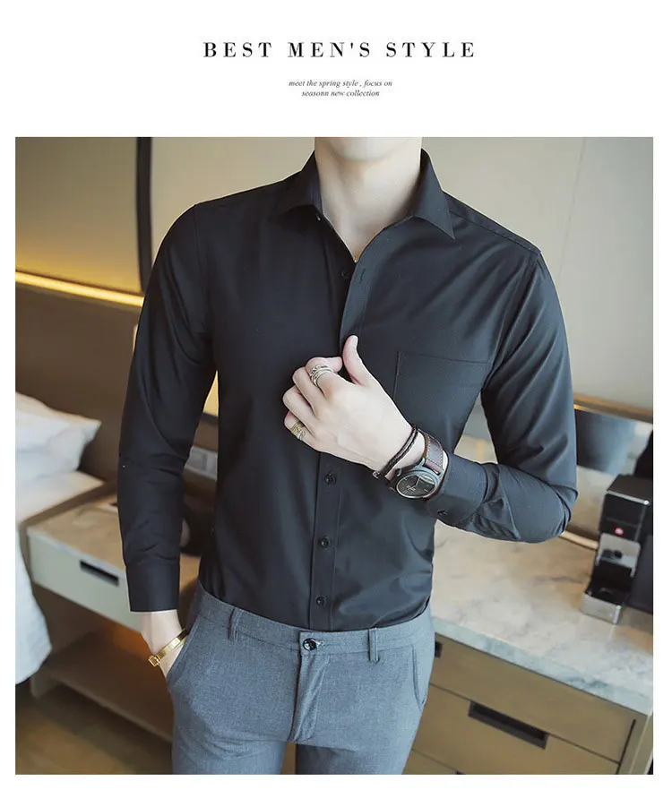 Men Blouse Shirts Autumn Fashion Solid Color Lapel Top Casual Slim Button Shirts Long Sleeve Shirt Men Plus Size Shirt
