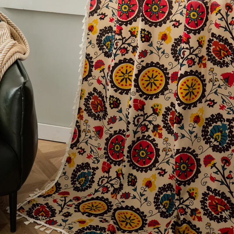 Bohemian Sunflower Cotton Linen Curtains with Tassels for Living Room Bedroom Kitchen Balcony Room Floral Window Blinds Factory 3