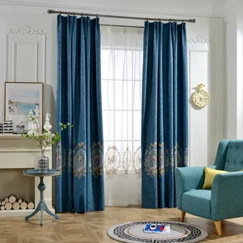 

Luxury Blue High Grate Insulation Shade Curtains For Living Room Elegant Towel Embroidery European Embroidery Tulle