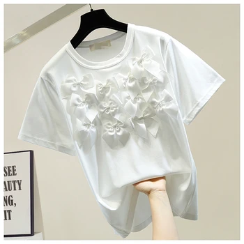 

White pink black tee shirt femme Three-dimensional bow short sleeve t shirt women Korean sweet tshirt modis 2020 summer tops