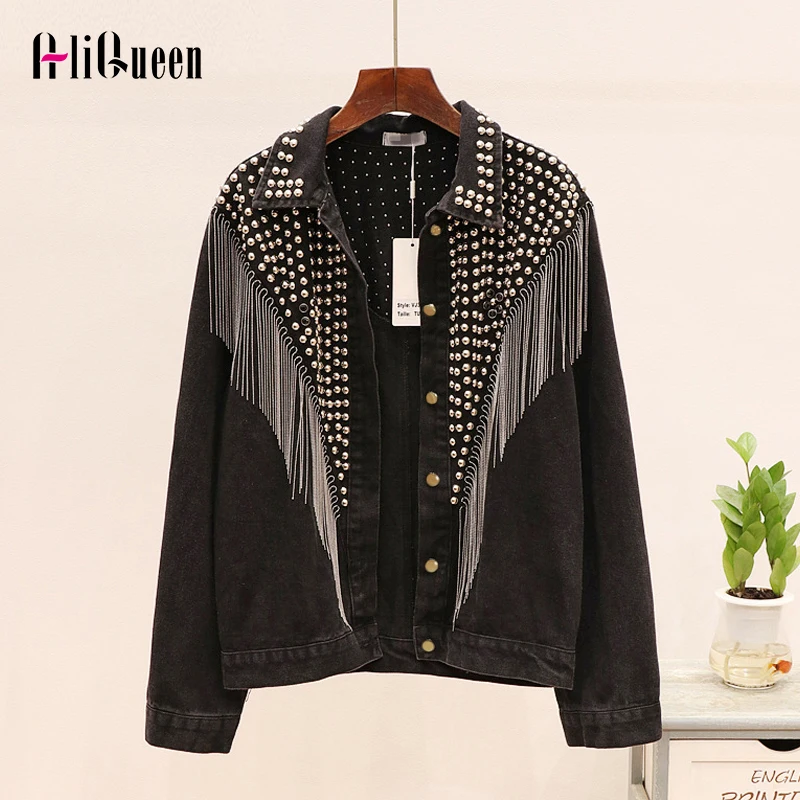 Chaquetas Mujer, осень, уличная одежда, джинсовая куртка для женщин, ручная работа, заклепки, кисточка, цепь, короткая джинсовая куртка, свободные черные пальто - Цвет: Black