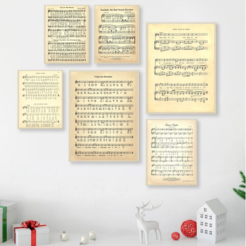 

CHRISTMAS CAROLS Sheet Music Posters and Prints Wall Decor , Christmas Songs Vintage Piano Music Wall Art Painting Decor