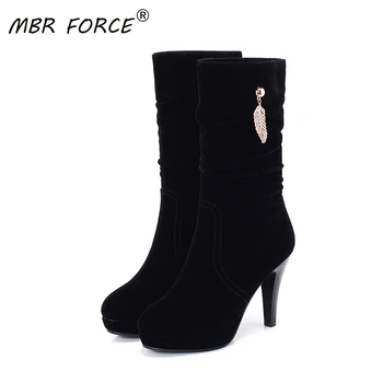 

MBR FORCE Spring and Autumn New Women's Boots High Heels Stilettos Simple Pendant Decoration Black High Quality Suede High Boots