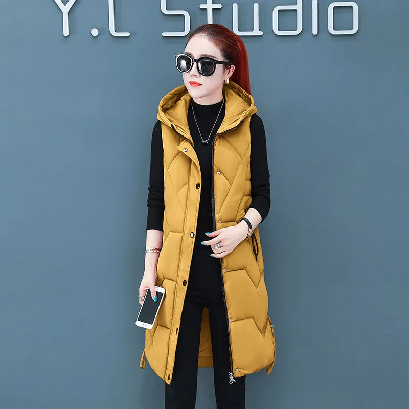 yellow Осенне-зимний женский жилет, новинка, женский жилет без рукавов, куртка с капюшоном, теплый длинный уплотненный теплый хлопковый жилет, пальто - Цвет: yellow