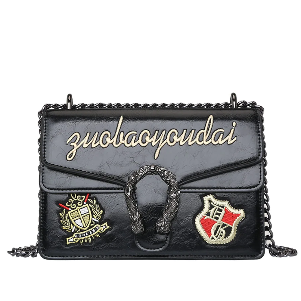 

Contrasting Solid Color PU Embroidered Handbag Bags For Women 2020 With Leather Metal Chain Handbag Female Travel Bag