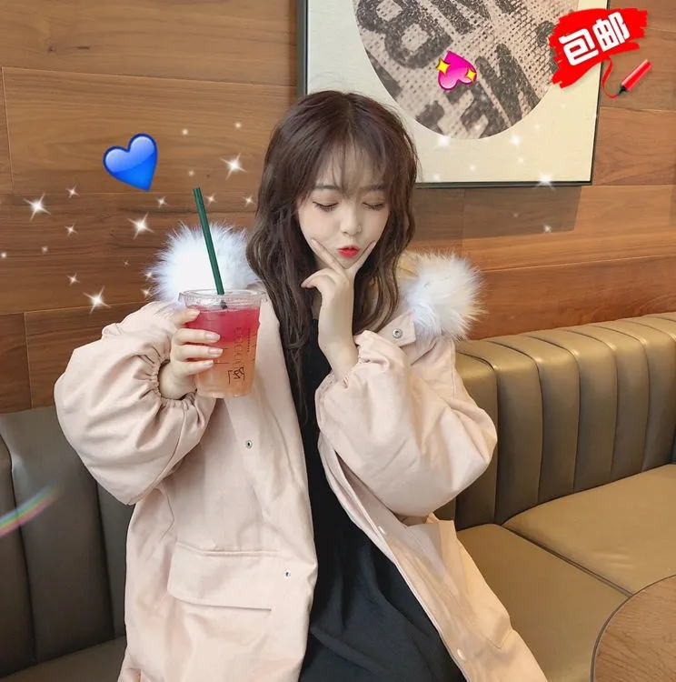 

2018 New Style Winter Korean-style Mid-length Loose-Fit Fur Collar Hooded Cotton-padded Clothes Students Thick Quilted Cotton Co