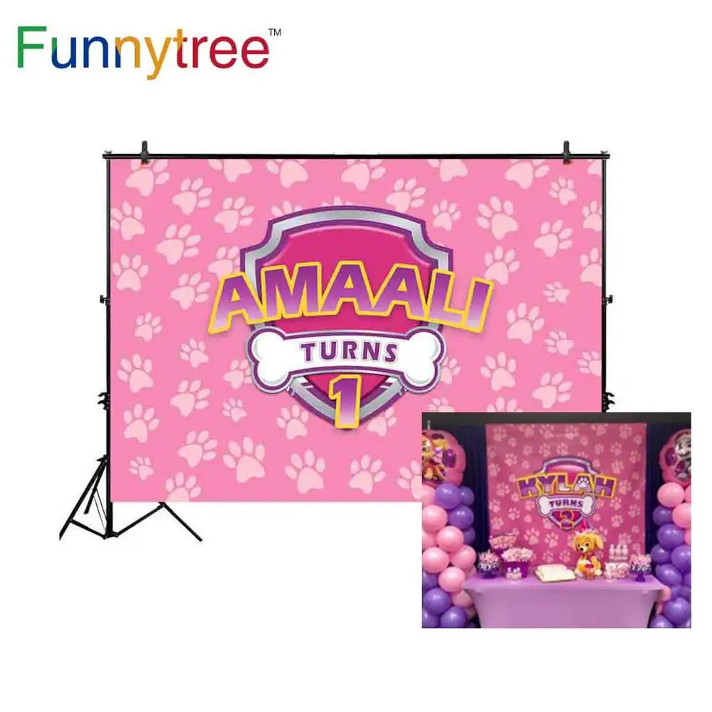 

Funnytree custom backdrop photo curtain paw puppy dog pink girl first birthday background photozone party photography photophon