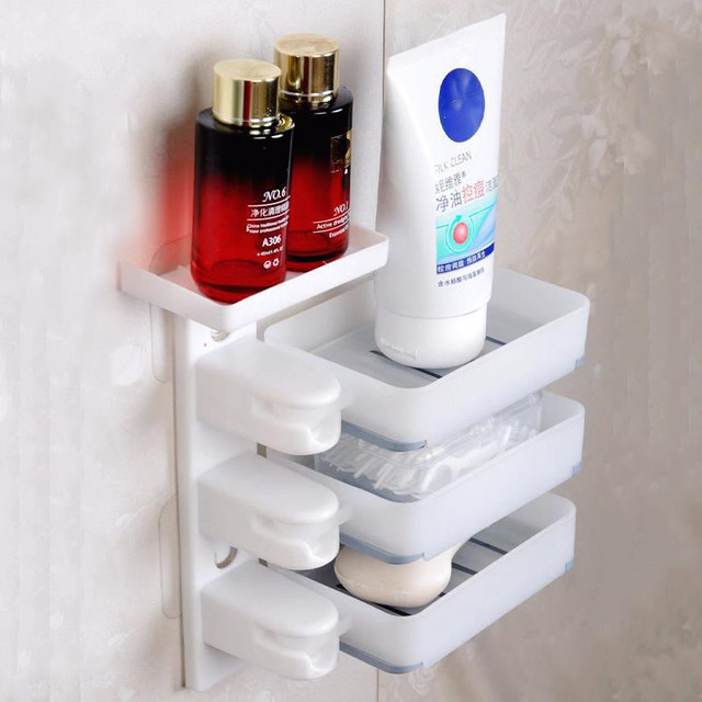 Soap Box Rotating Three Layer Self-adhesive Makeup Organizer Storage Draining Case Holder for Bathroom Soap Dish Shelf Box
