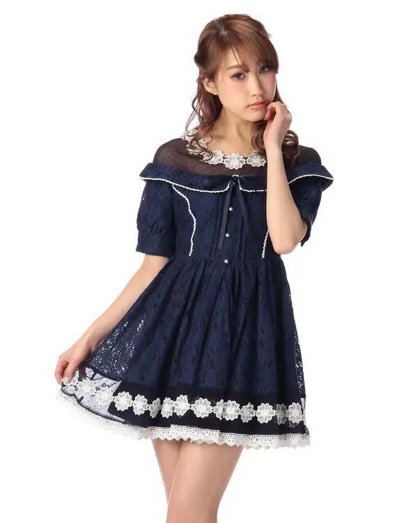 

Liz lisa shoulder net yarn collar hollow Lace Princess Dress