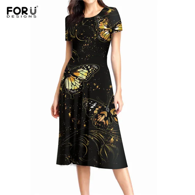 FORUDESIGNS/Лидер продаж, женские повседневные платья миди с коротким рукавом и бабочками, Элегантное летнее платье трапециевидной формы с 3D рисунком синих бабочек - Цвет: HME1701X3