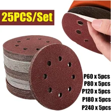 Disques de ponçage de forme ronde, 25, pièces/ensemble, 125mm, boucle à crochet, feuille de ponçage, tampon de polissage pour ponceuse à 8 trous
