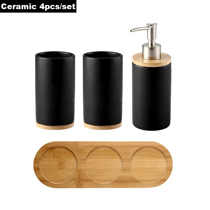 4Pcs Black Set GOALONE бамбуковые аксессуары для ванной комнаты держатель для зубной щетки диспенсер для мыла туалетная щетка набор для ванной комнаты аксессуары для украшения ванной комнаты - Цвет: 4Pcs Black Set