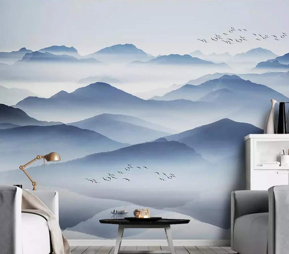 Milofi custom wallpaper mural abstract artistic conception blue ink landscape reflection background wall decoration | Обустройство