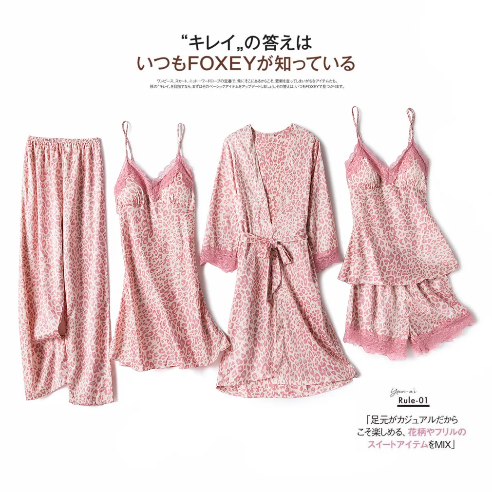 

Sexy Female Leopard 5PCS Robe Suit Silky Casual Loose Kimono Bath Gown Lace Home Clothes Suspender Nightgown&Shorts&Pants SETS