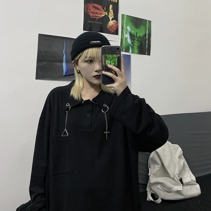 Консервативный стиль, Осенние новые футболки с длинным рукавом, Harajuku, корейский стиль, женская одежда, футболки ins, одноцветные, на пуговицах, с отложным воротником