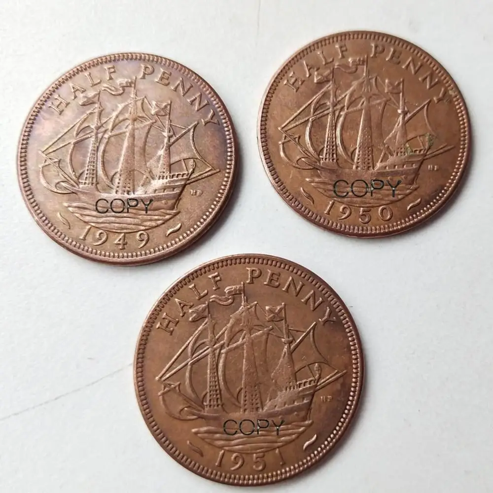 Реплика Великобритании 1949 1950 1951 1/2 Penny - George VI без медных копировальных монет IND:IMP |