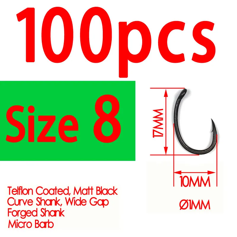 100pcs size 8 Bimoo 100 шт. крючки для карпа с тефлоновым покрытием Yn из высокоуглеродистой стали матовые черные с шипом Размер 2 4 6 8 10 Европейский японский рыболовный крючок для карпа - Цвет: 100pcs size 8