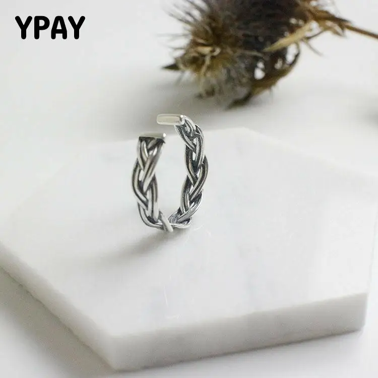 

YPAY Real 925 Sterling Silver Open Ring For Women Men Twist Rope Retro Style Do The Old Hollow Ladies Rings Bijoux Femme YMR063