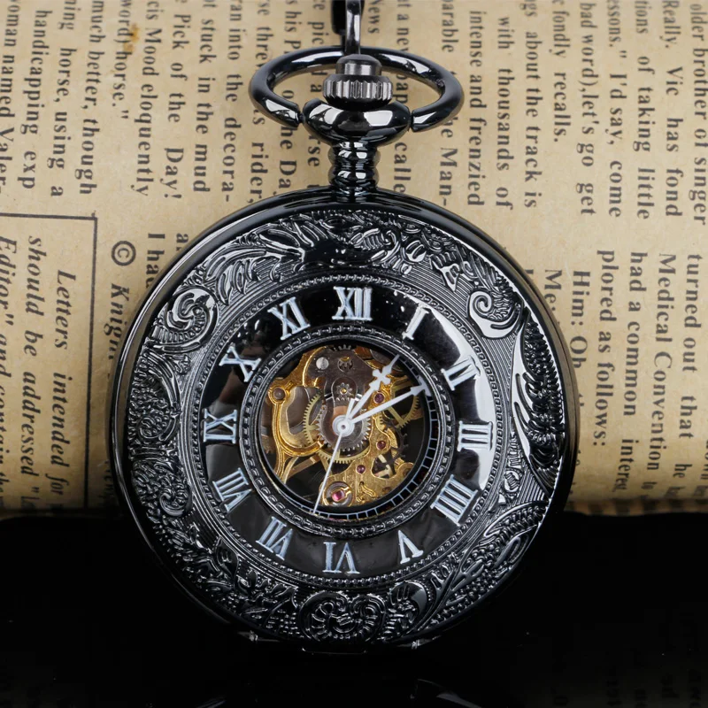 

Vintage Mechanical Pocket Watches Hollow Skeleton Hand-winding Retro Male Clock Pendant FOB Chain High Quality PJX1215