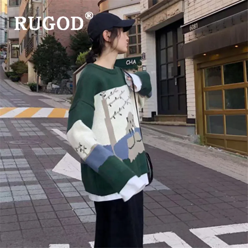 RUGOD, корейский стиль, шикарный, круглый вырез, рисунок коала, милый вязаный свитер, Kawaii, зимние топы для женщин, осень, трикотаж