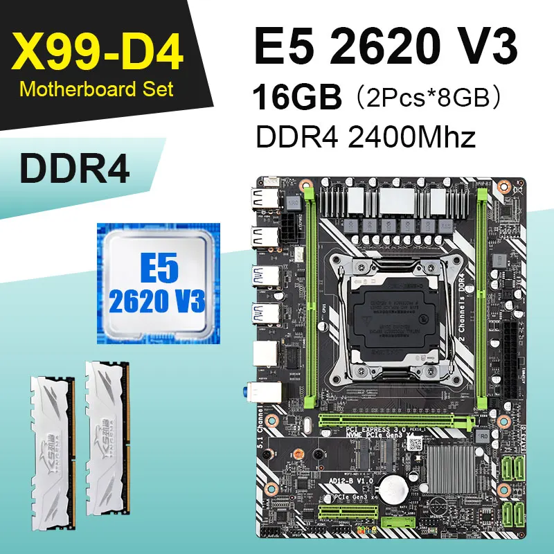 Комплект материнской платы DAIXU X99 D4 с цп Xeon E5 2620 V3 2 шт. X 8 гб = 16 память DDR4 2400 мгц |