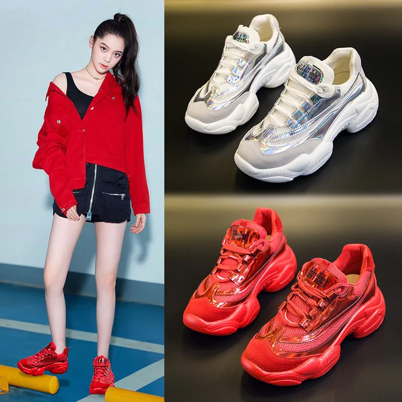 

Koovan Women's Sneakers 2019 Autumn New Matte Real Leather Mesh Sports Girls Shoes Female Chinese Red Fashion Shoes For Women