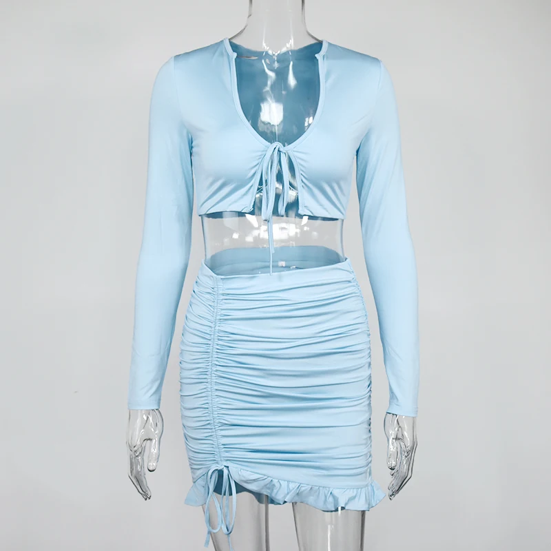 Ruffles Sexy Ruched Two Pieces Set Women Long Sleeve Top and Mini Skirt Matching Set 2021 Spring Autumn 2 Piece Set Clothing New