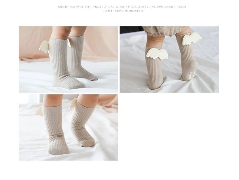 Infant Baby Girl Cotton Socks Kids High Sock Lovely 3D Angel Wing Toddler Anti-slip Socks Solid color Leg Warmer 0-3Years