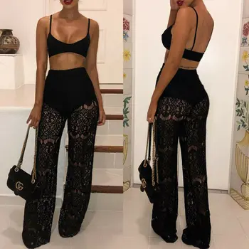 

High Waist Loose Sexy Lace Pants Women Fashion Hollow Out Lace Crochet Long Women Trousers Black Beach Casual Women Pants