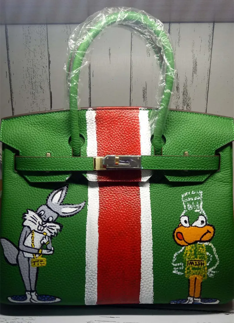 

Graffiti Design Genuine Leather Women 35CM Green Travel Bags Totally Made By Hand Custom Cartoon Lady Art Design