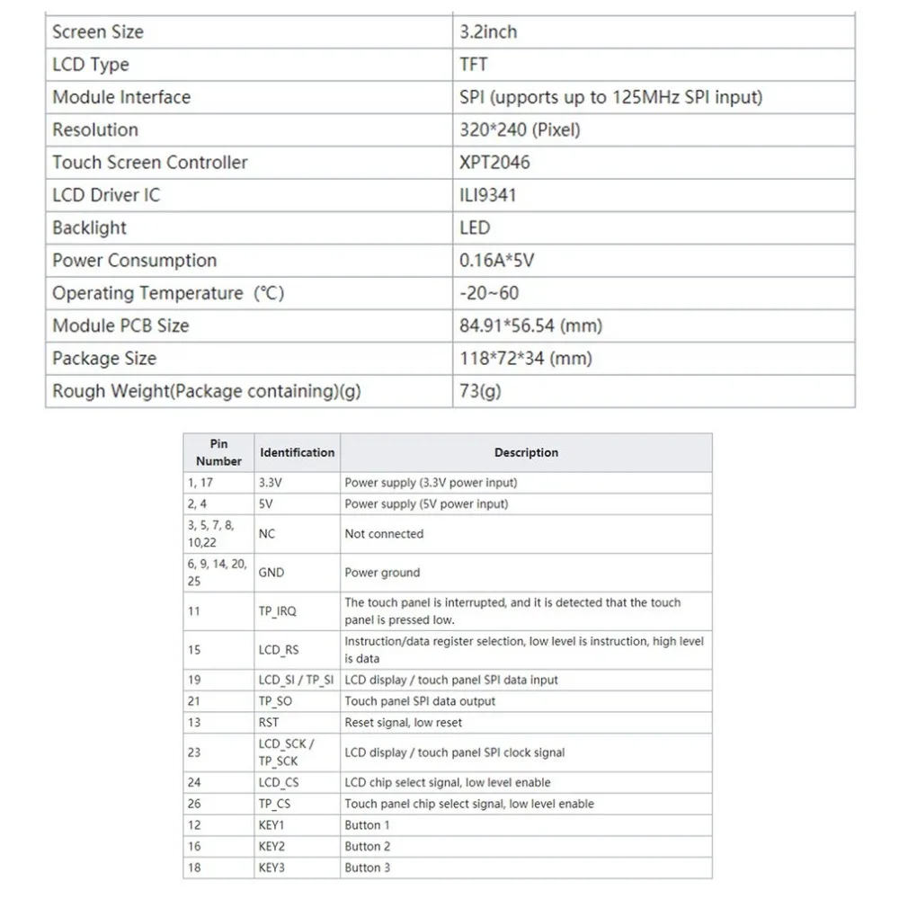 3,2 дюймовый MHS TFT GPIO ЖК-дисплей с поддержкой сенсорной панели 125 МГц SPI вход для Raspberry Pi