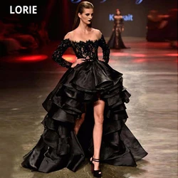 LORIE Vintage Black Lace Evening Dresses Formal Long Sleeve Beaded Special Occasion Celebrity Wear Prom Gown High/Low Dress