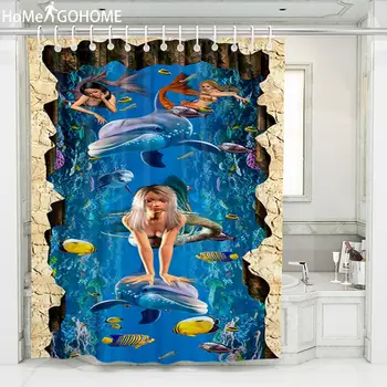

3d Children's Shower Curtain Anime Mermaid Decoration Waterproof Fabric Bathroom Shower Curtain Polyester Bath Curtains Blue Sea