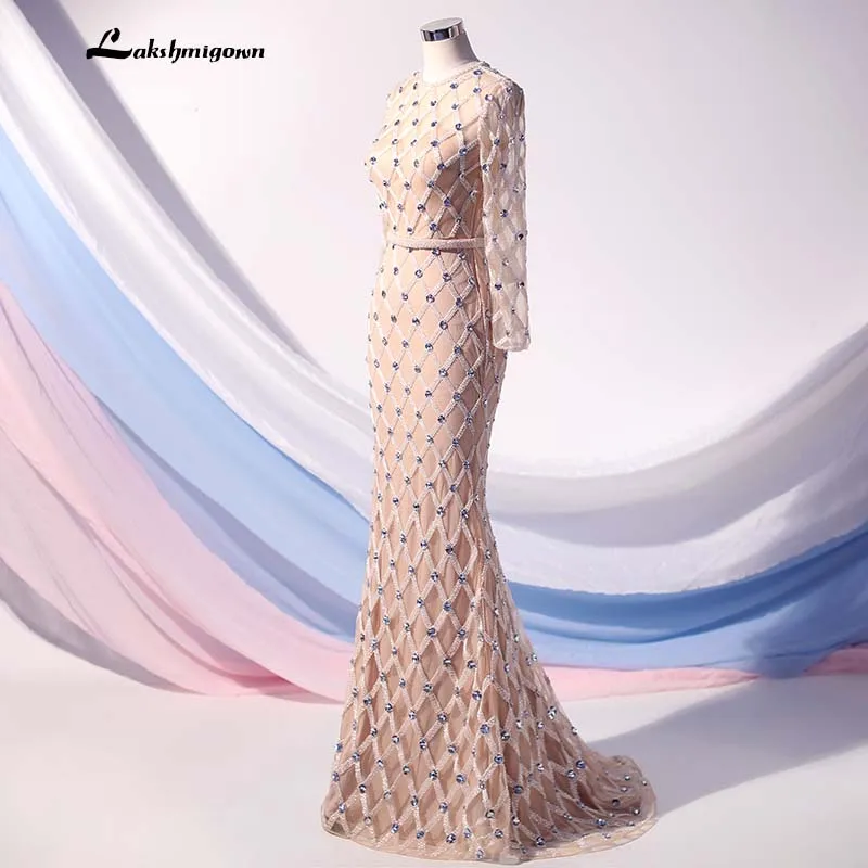 Lakshmigown Роскошные Алмазные Длинные платья Вечерние Дубай Иллюзия Блестящий бисер Русалка с длинным рукавом вечернее платье vestido sirena