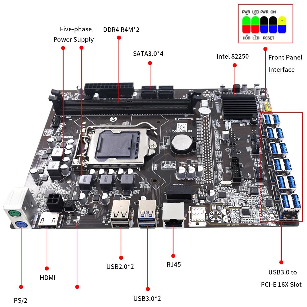 BTC B250C Mining Motherboard Set 12 USB 3.0 To PCI-E X16 X1 Graphics ...