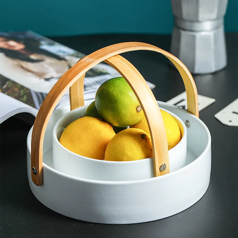 Креативный керамический сухой фруктовый десертный поднос для закусок с бамбуковой ручкой домашний отсек миска для фруктов гостиная 4 сетки корзина для хранения