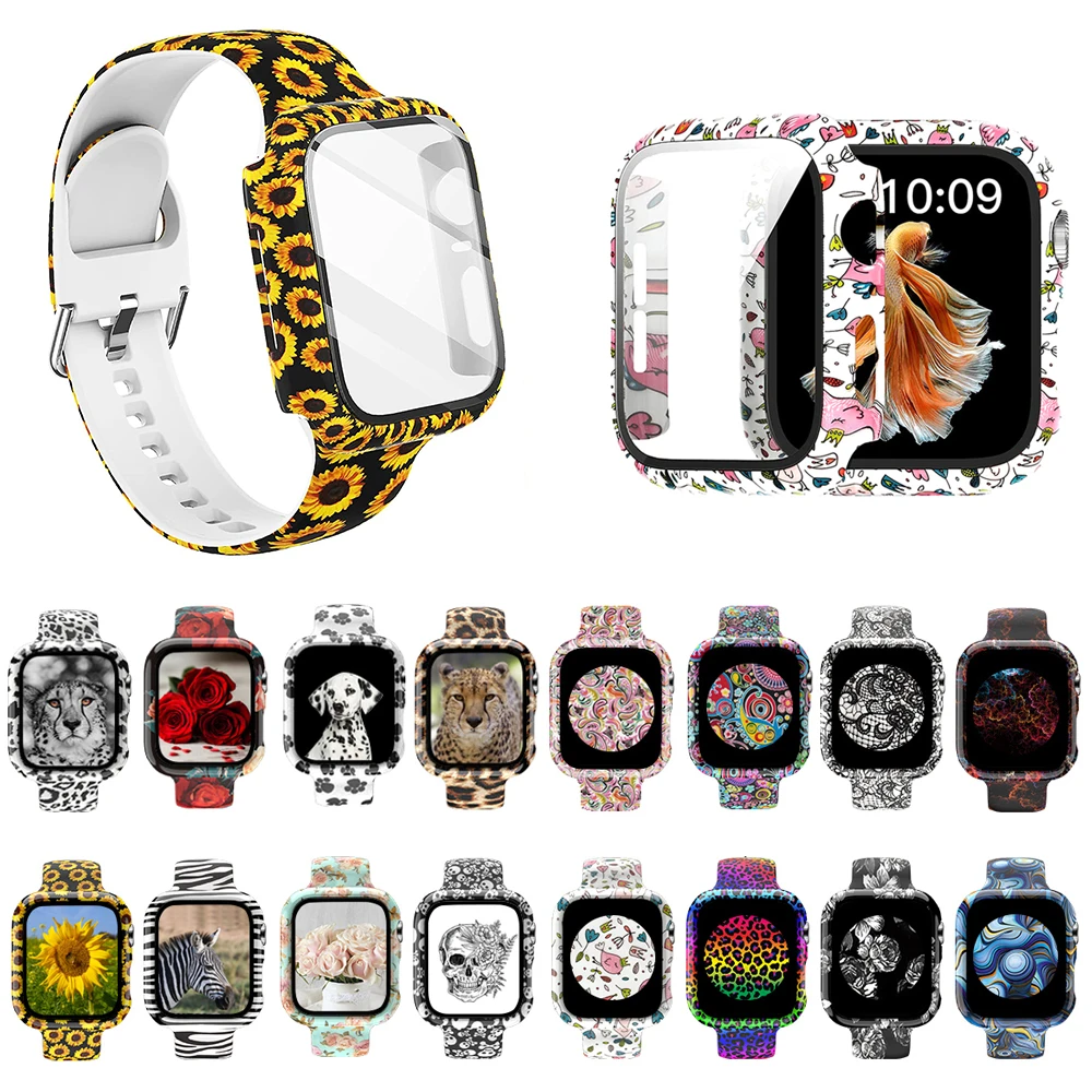 Case+Bands for Apple Watch Band 44 40 42 38mm with Screen Protector Cover, Glass+Silicon Wristband Strap for iWatch SE 654321
