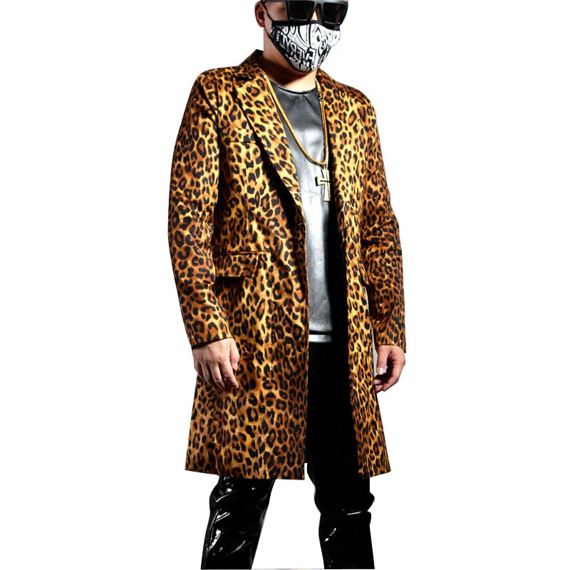 

Casual Leopard Slim Fit Long Blazer Homme Jacket Dress Suit Coat Men Fashion Male Dancer Singer Hip Hop Costume Stage Clothing