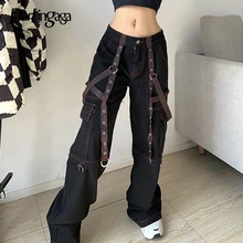 

Darlingaga Mall Gothic Grunge Ribbon Cargo Pants Female Baggy Jeans Denim Streetwear Punk Style Dark Academia Trousers Pockets