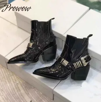

Hot Genuine Leather Sexy Pointed Toe Ankle Boots Metal Deco Thick Heel Cowboy Boots Autumn Winter Shoes Women