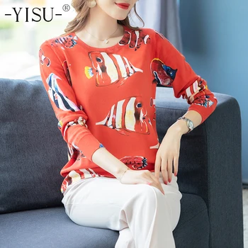 

YISU Women Printed sweater Autumn Winter Pullover long sleeve Cartoon fish Print Sweater Jumper Top Knitwear sweater Women