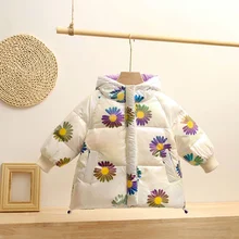 Veste d'hiver en duvet de canard blanc imprimé marguerite pour bébé fille, manteau Long chaud d'extérieur pour enfant de 2 à 9 ans