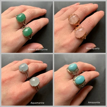 

Natural Aquamarine Amazonite Aventurine Pink Quartz Ring Stone Cabochon CAB Ring Open Free Size Wedding Decor Gift