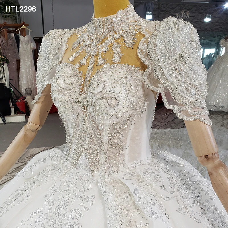 HTL2296 2022 Dubai Shiny Crystal Bride Train Dress Pearls Lace Applique Princess Wedding Dress Plus Size Robe De Mariee Luxueuse 6
